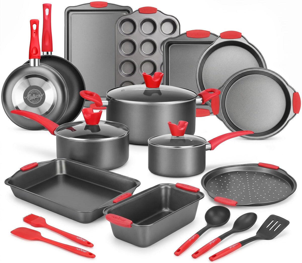NutriChef Non-Stick Kitchen Oven Baking Pans-Deluxe & Stylish Nonstick Gray Coating Inside Outside, Commercial Grade Restaurant Quality Metal Bakeware with Red Silicone Handles NCSBS8S, 8 Piece Set