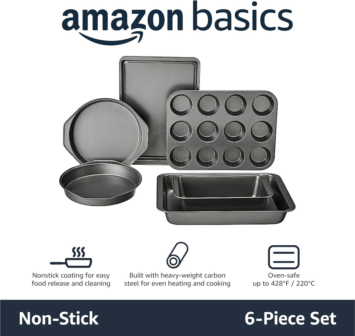 Amazon Basics 6 Piece Nonstick Carbon Steel Bakeware Set with Cake, Muffin, Cookie, and Loaf Pans, Easy Release, Oven Safe, 16.25 x 11.75 x 6.25 inches