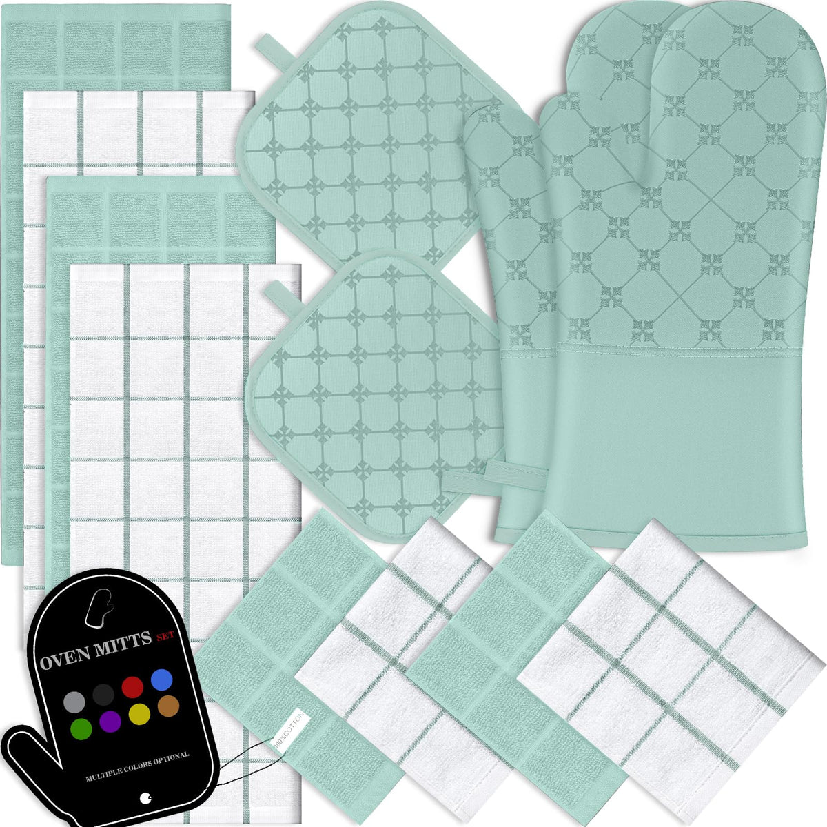 Oven Mitts Kitchen Towels Dishcloths with Pot Holders Sets 12PCS, Dish Towels Sets, Oven Gloves Pot Pads Heat Resistant 500 Degrees with Non-Slip Silicone Surface for Cooking Baking Grilling-Grey