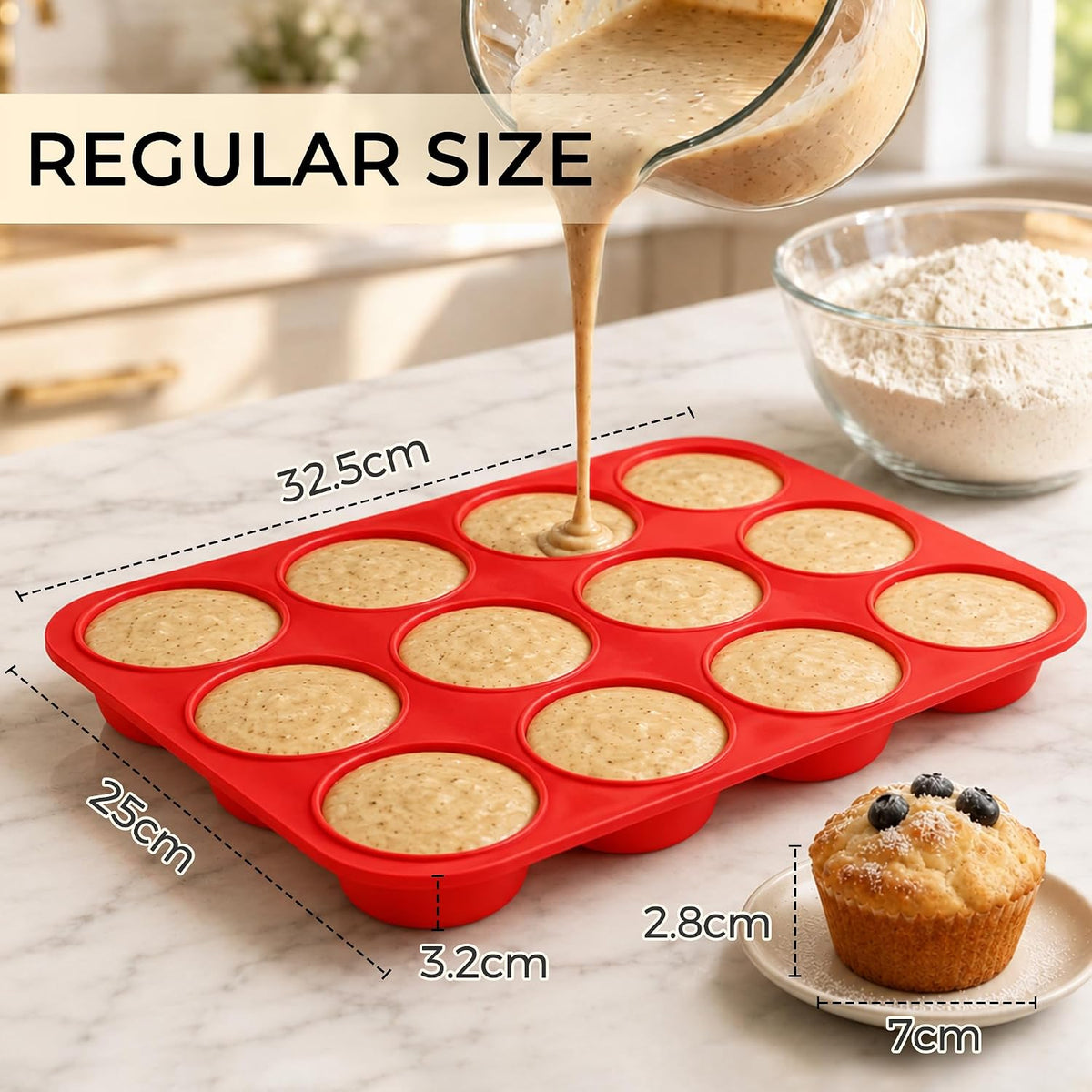 CAKETIME 12 Cups Silicone Muffin Pans for Baking - Regular Size Cupcake Pan Muffin Tin for Baking Nonstick Food Grade Silicone Molds