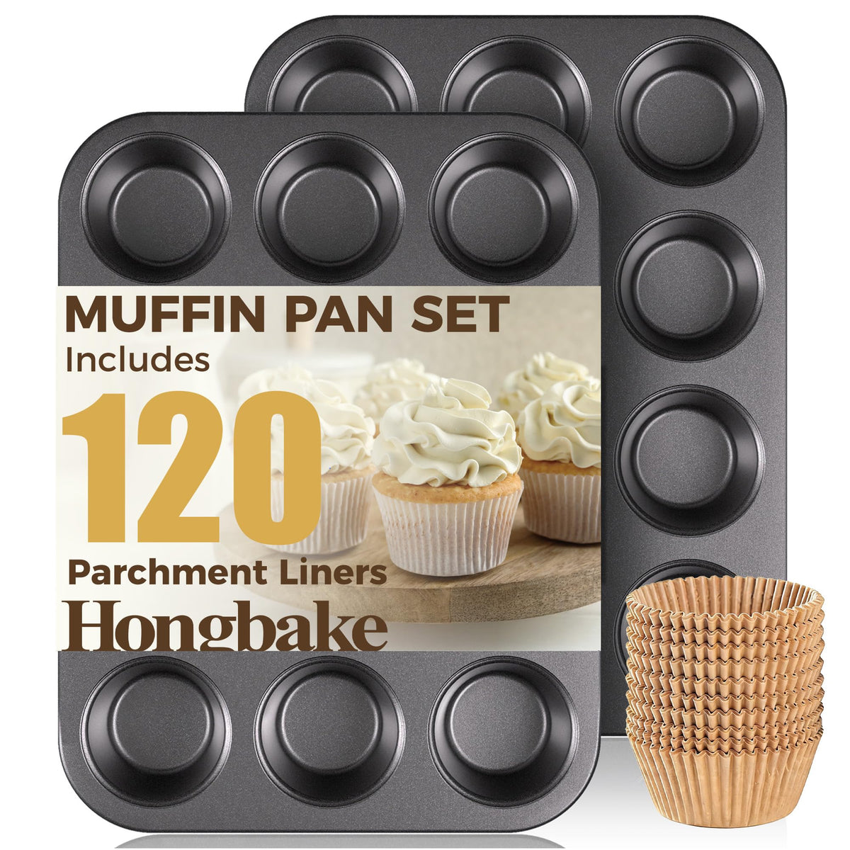 HONGBAKE Muffin Pans for Baking, Nonstick Cupcake Tin with 120 Parchment Liners, 2 Pack 12 Cup Premium Cheesecake Trays - Gray