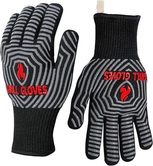 QUWIN BBQ Gloves, 1472°F Heat Resistant Grilling Gloves Silicone Non-Slip Oven Mitts, Kitchen Gloves for BBQ, Grilling, Cooking, Baking(One Size Fits Most, Black)- 1 Pair