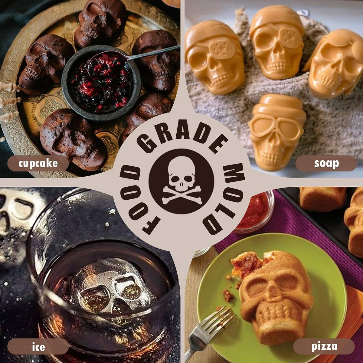 HKNMTT Halloween Silicone Molds for Baking Extra large, 6 Cavities 3D Skull Cake Pizza Pan Molds, Nonstick Halloween Skeleton Mold for Soap Ice 2PCS