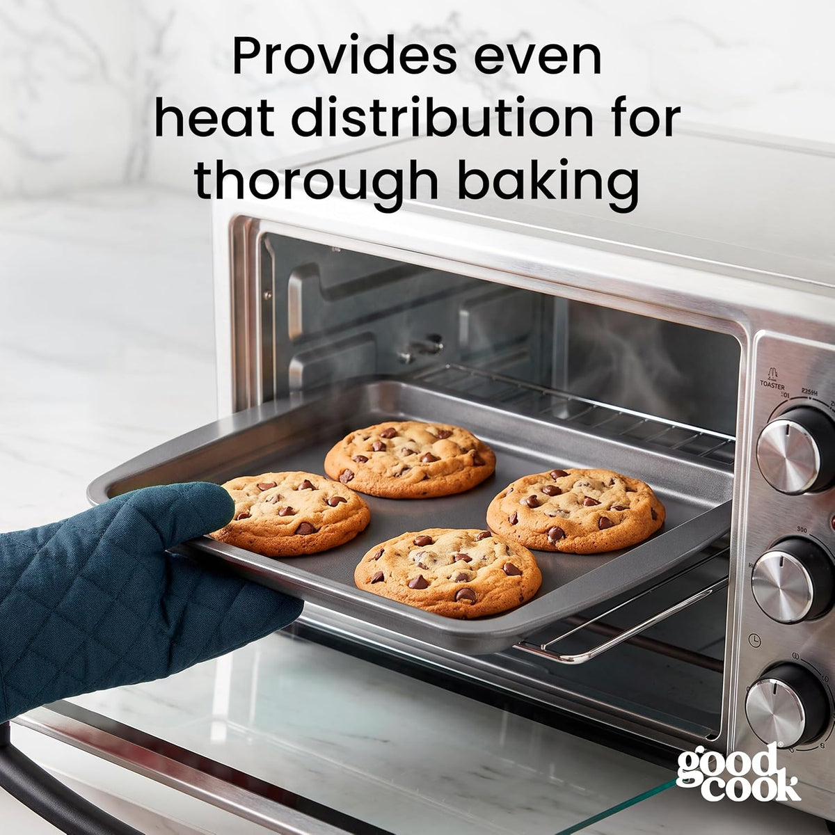 GoodCook 4-Piece Nonstick Steel Toaster Oven Set with Sheet Pan, Rack, Cake Pan, and Muffin Pan, Gray, 4-Piece Set Distributes Heat Evenly, Nonstick Coating, Dishwasher-Safe