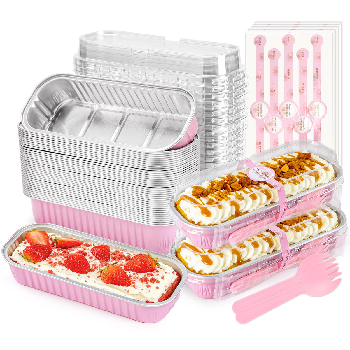 NPLUX Mini Loaf Pans with Lids, 50 Pack Pink 6.8oz for Party Favors