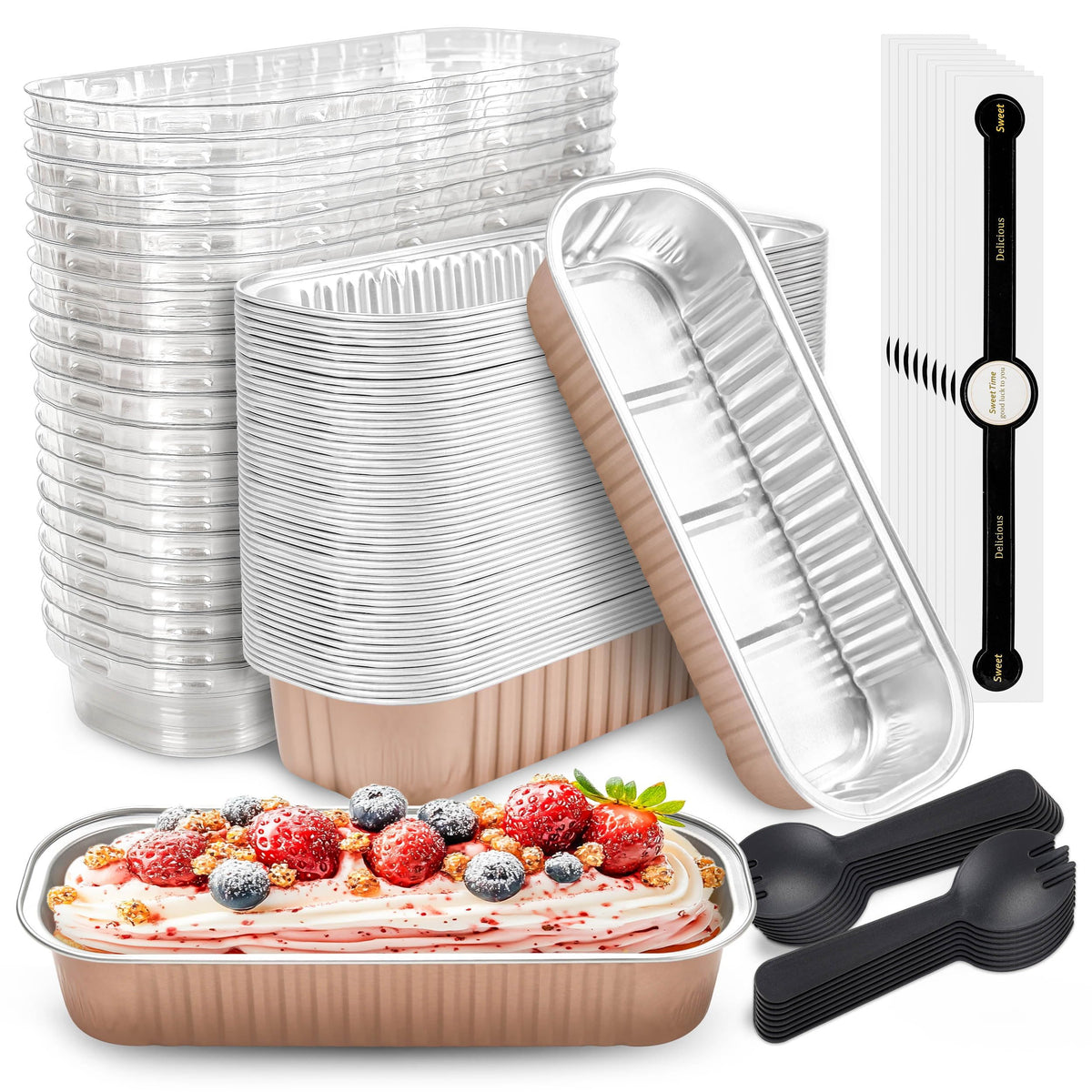 NPLUX Mini Loaf Pans with Lids, 50 Pack Pink 6.8oz for Party Favors