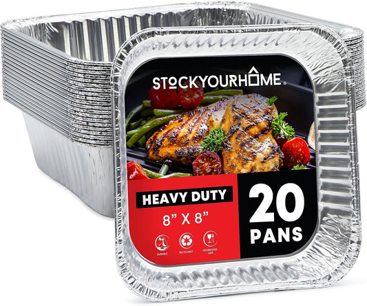 Stock Your Home 8x8 Foil Pans (20 Pack) 8 Inch Square Aluminum Pans - Foil Pans - Disposable Food Containers Great for Baking Cake, Cooking, Heating, Storing, Prepping Food