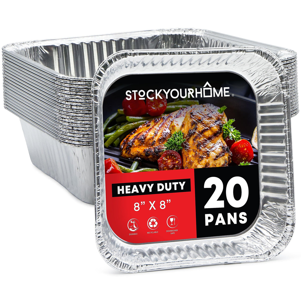 Stock Your Home 8x8 Foil Pans (20 Pack) 8 Inch Square Aluminum Pans - Foil Pans - Disposable Food Containers Great for Baking Cake, Cooking, Heating, Storing, Prepping Food