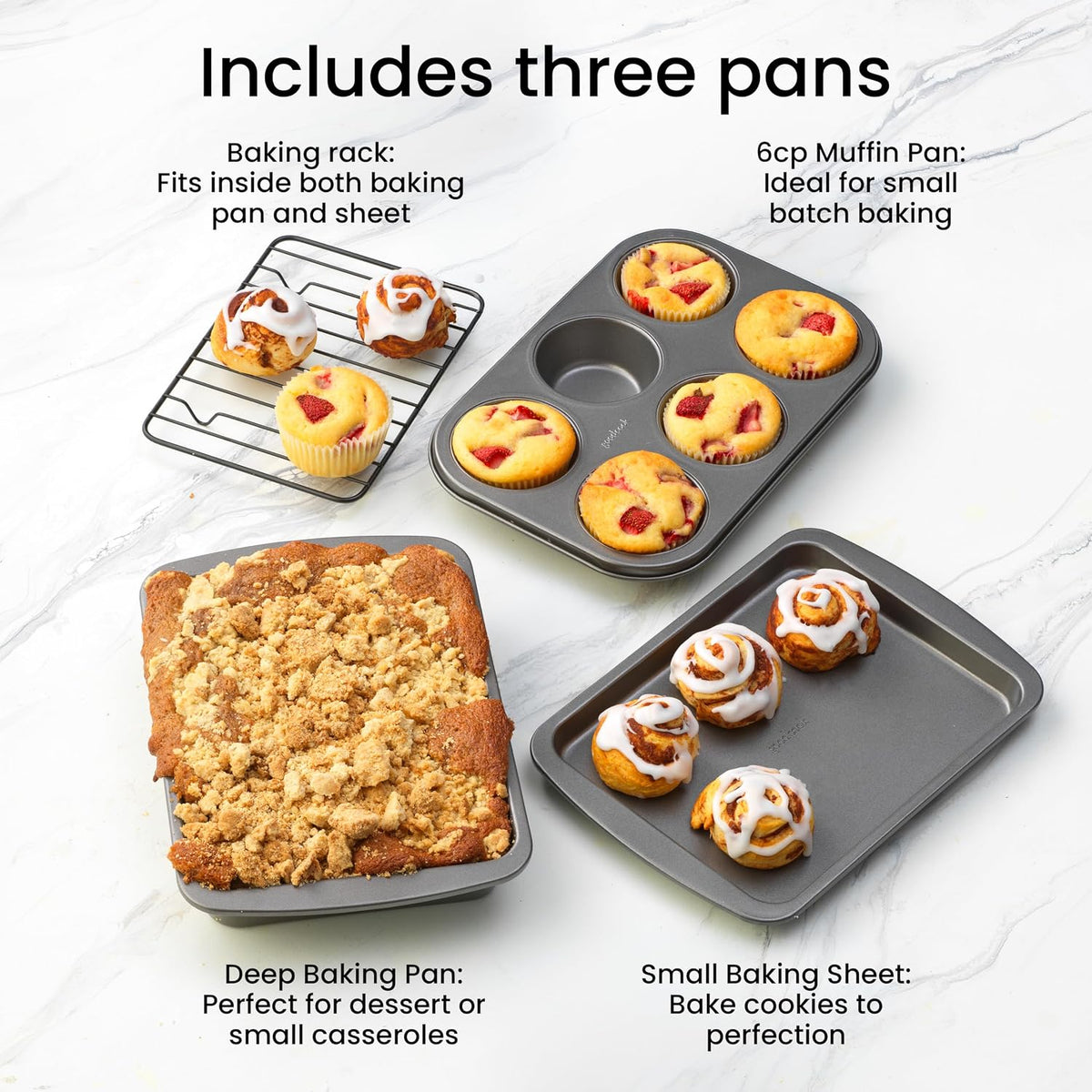 GoodCook 4-Piece Nonstick Steel Toaster Oven Set with Sheet Pan, Rack, Cake Pan, and Muffin Pan, Gray, 4-Piece Set Distributes Heat Evenly, Nonstick Coating, Dishwasher-Safe