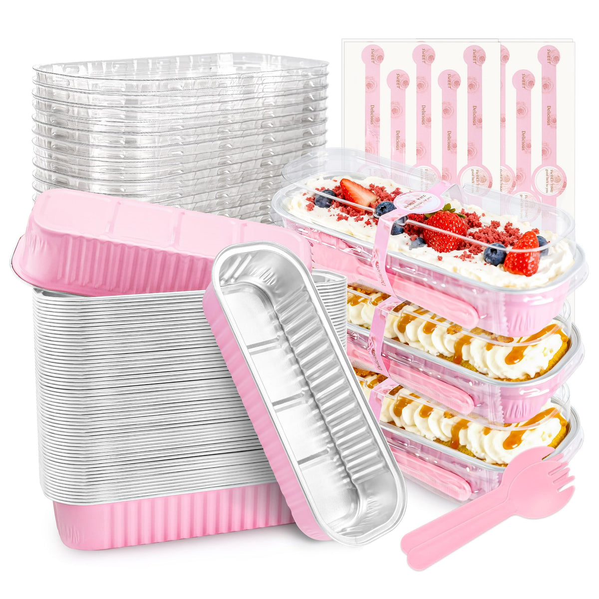 NPLUX Mini Loaf Pans with Lids, 50 Pack Pink 6.8oz for Party Favors