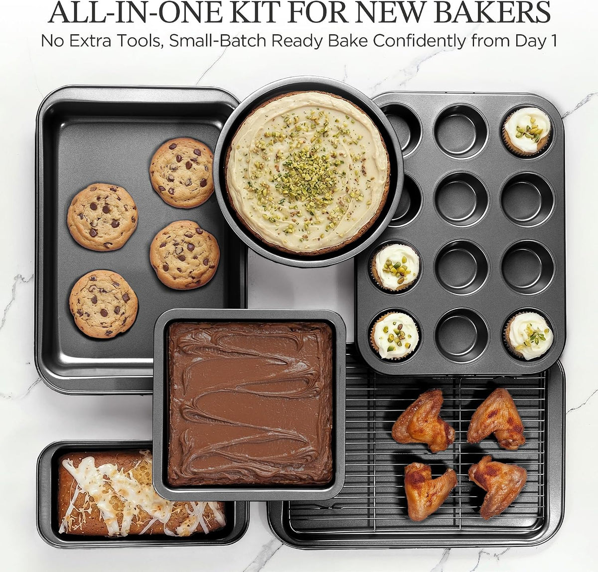 KITESSENSU Compact Baking Pans Sets, Nonstick Bakeware Sets 19-Piece with Round/Square Cake Pan, Loaf Pan, Muffin Pan, Cookie Sheet, Roast Pan, Cooling Rack, Carbon Steel Bake Set