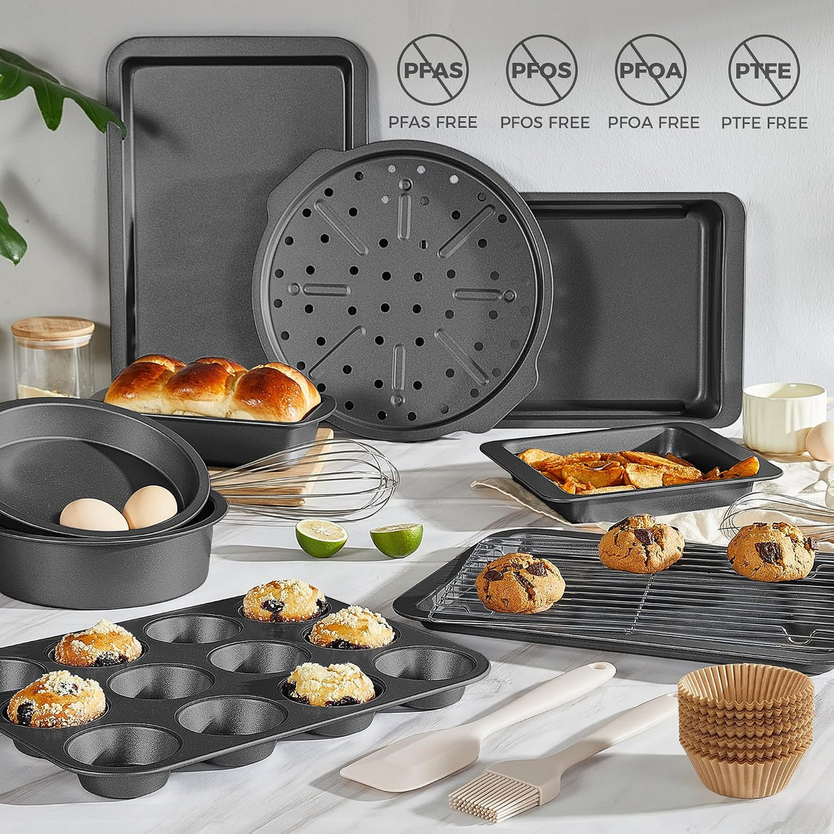 HONGBAKE Bakeware Sets, Baking Pans Set, 12 Pieces Nonstick Oven Pan with 120 Muffin Liners for Kitchen, Wider Grips, Including Rack, Cookie Sheet, Cake, Loaf, Muffin, Pizza Pan - Gray