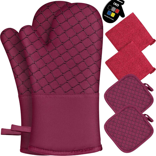 6 Pcs Oven Mitts and Pot Holders, 500℉ Heat Resistant Oven Mitts with Kitchen Towels Soft Cotton Lining and Non-Slip Silicone Surface Safe for Baking, Cooking, BBQ (Red)