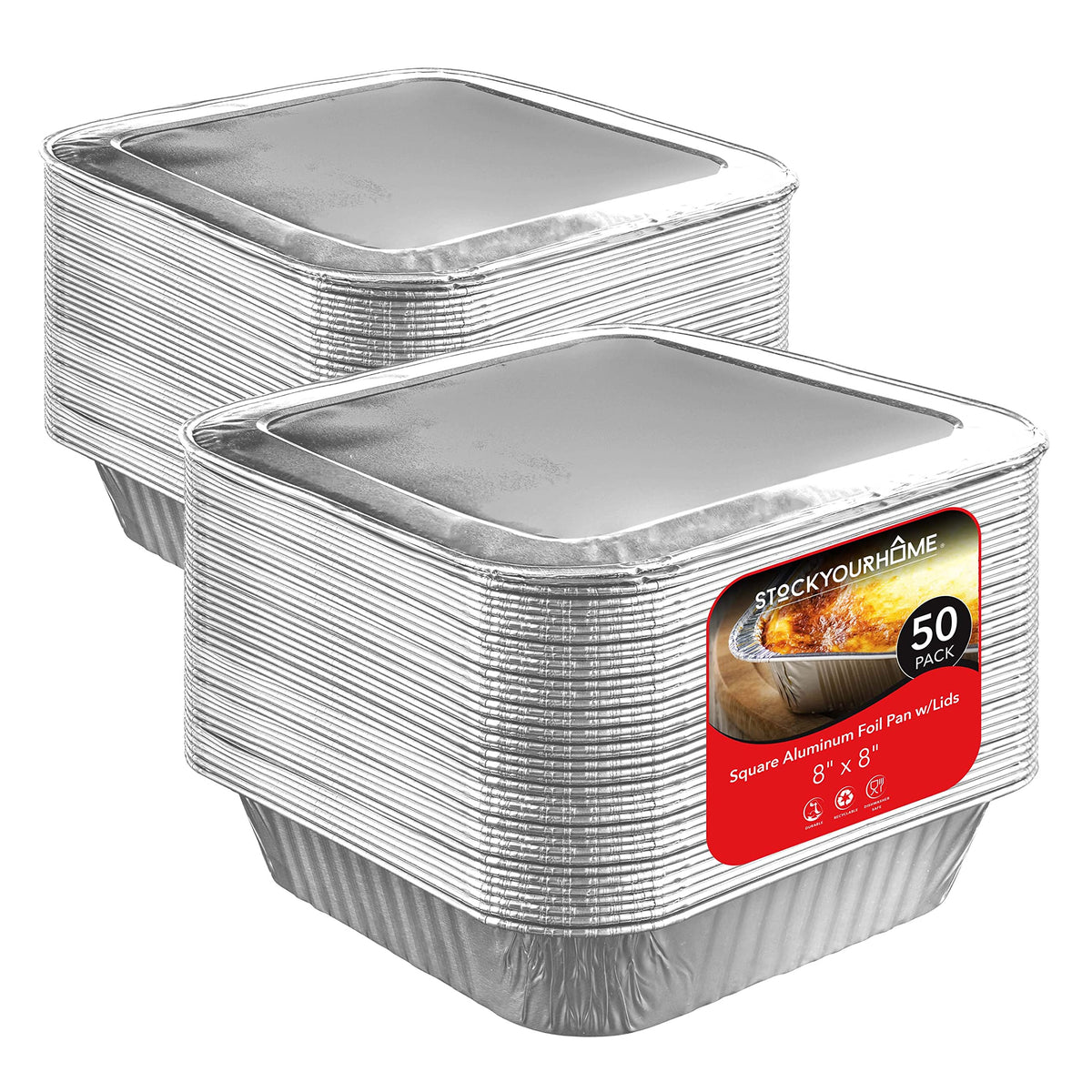 Stock Your Home 8x8 Foil Pans (20 Pack) 8 Inch Square Aluminum Pans - Foil Pans - Disposable Food Containers Great for Baking Cake, Cooking, Heating, Storing, Prepping Food
