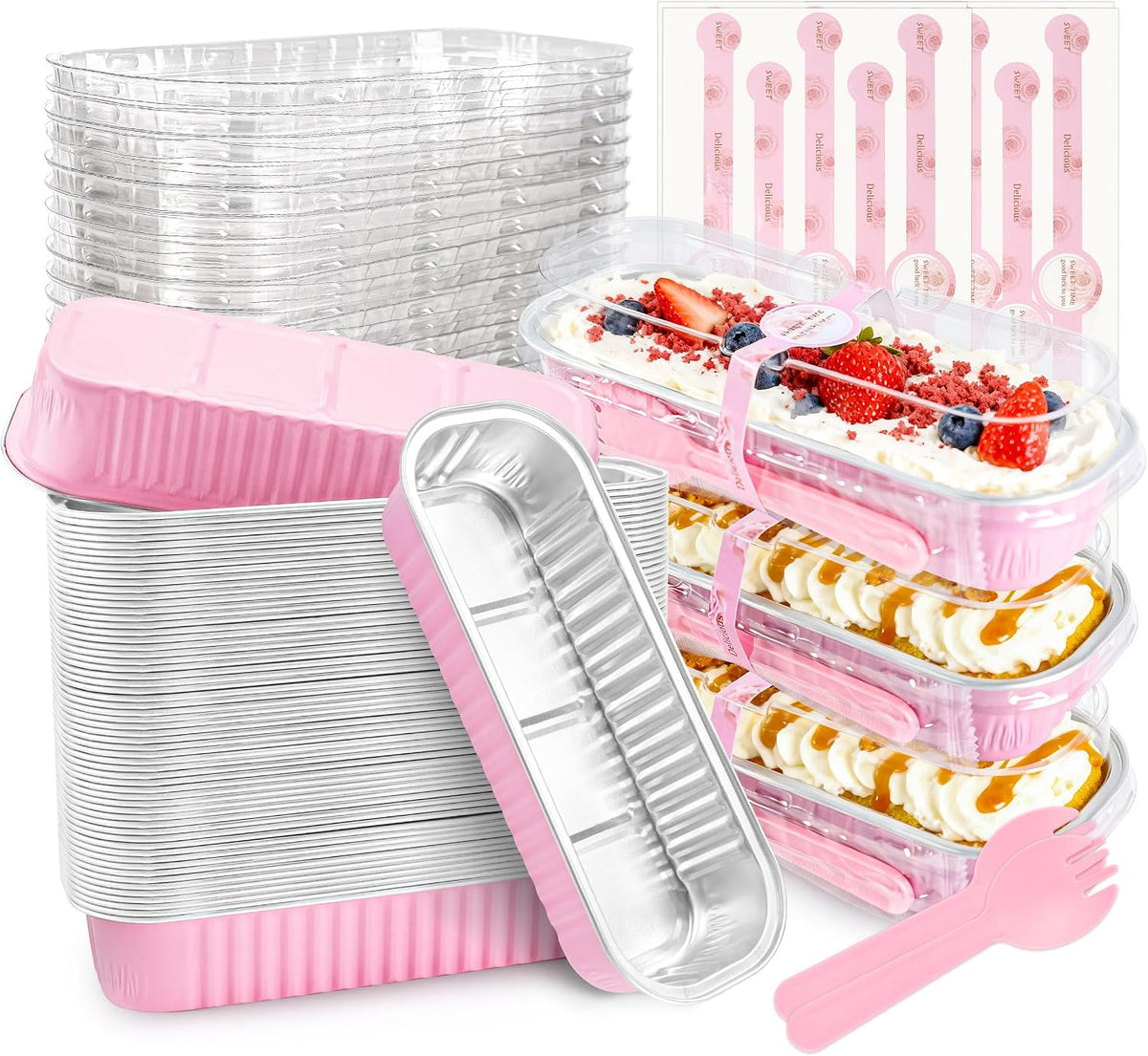 NPLUX Mini Loaf Pans with Lids, 50 Pack Pink 6.8oz for Party Favors