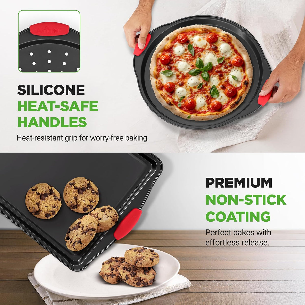 NutriChef 10-Piece Nonstick Kitchen Oven Baking Pans - Premium & Stylish Non-Stick Carbon Steel - Commercial Grade Restaurant Quality Metal Bakeware with Silicone Handles - Easy to Clean, NCSBS10S