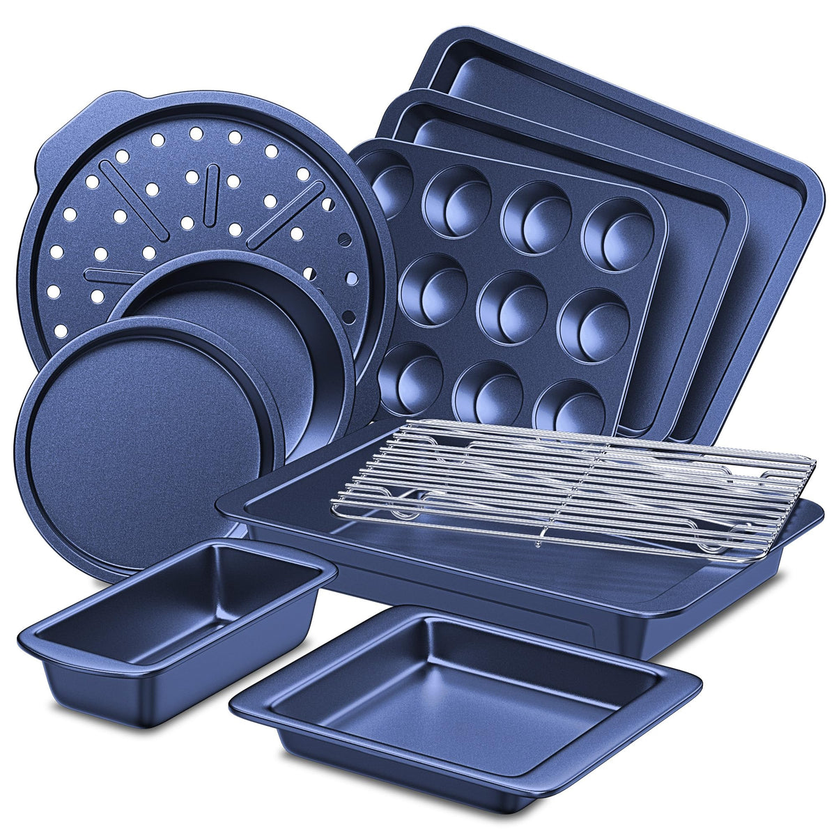 HONGBAKE Bakeware Sets, Baking Pans Set, 12 Pieces Nonstick Oven Pan with 120 Muffin Liners for Kitchen, Wider Grips, Including Rack, Cookie Sheet, Cake, Loaf, Muffin, Pizza Pan - Gray