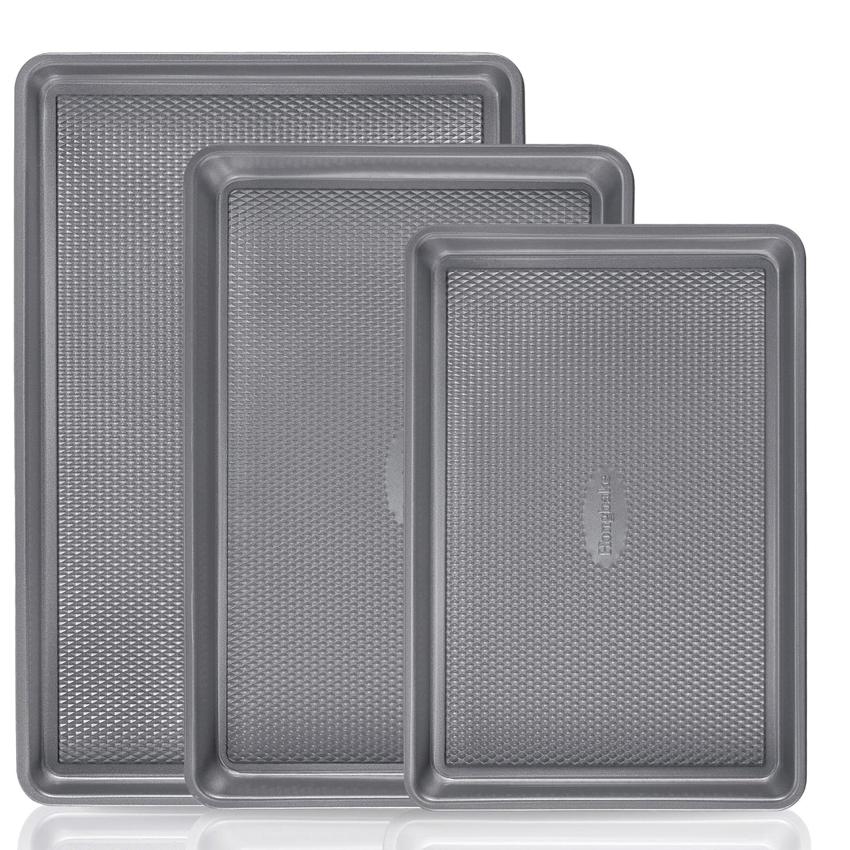 HONGBAKE Baking Sheet Pan Set of 3, Cookie Sheets for Oven, Nonstick Half/Quarter/Jelly Roll Pans with Diamond Texture Pattern, 0.8mm Thick Heavy Duty Cookie Tray, Champagne Gold