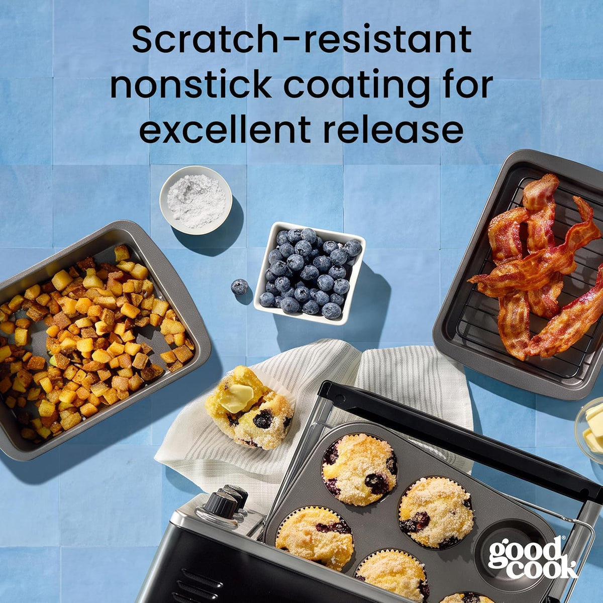 GoodCook 4-Piece Nonstick Steel Toaster Oven Set with Sheet Pan, Rack, Cake Pan, and Muffin Pan, Gray, 4-Piece Set Distributes Heat Evenly, Nonstick Coating, Dishwasher-Safe