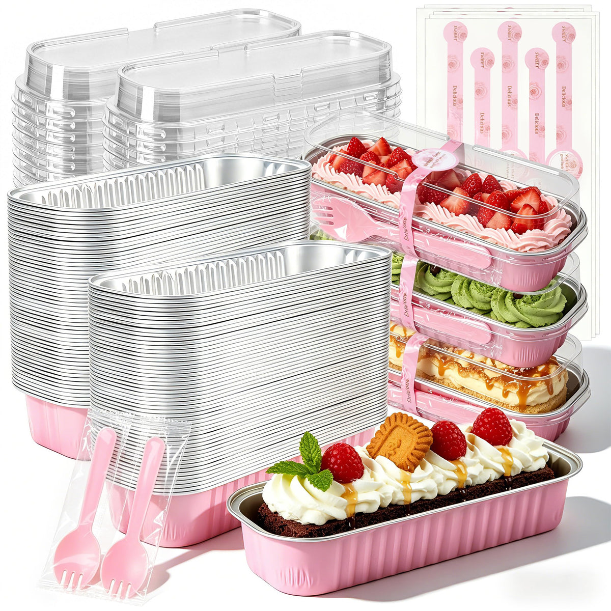NPLUX Mini Loaf Pans with Lids, 50 Pack Pink 6.8oz for Party Favors