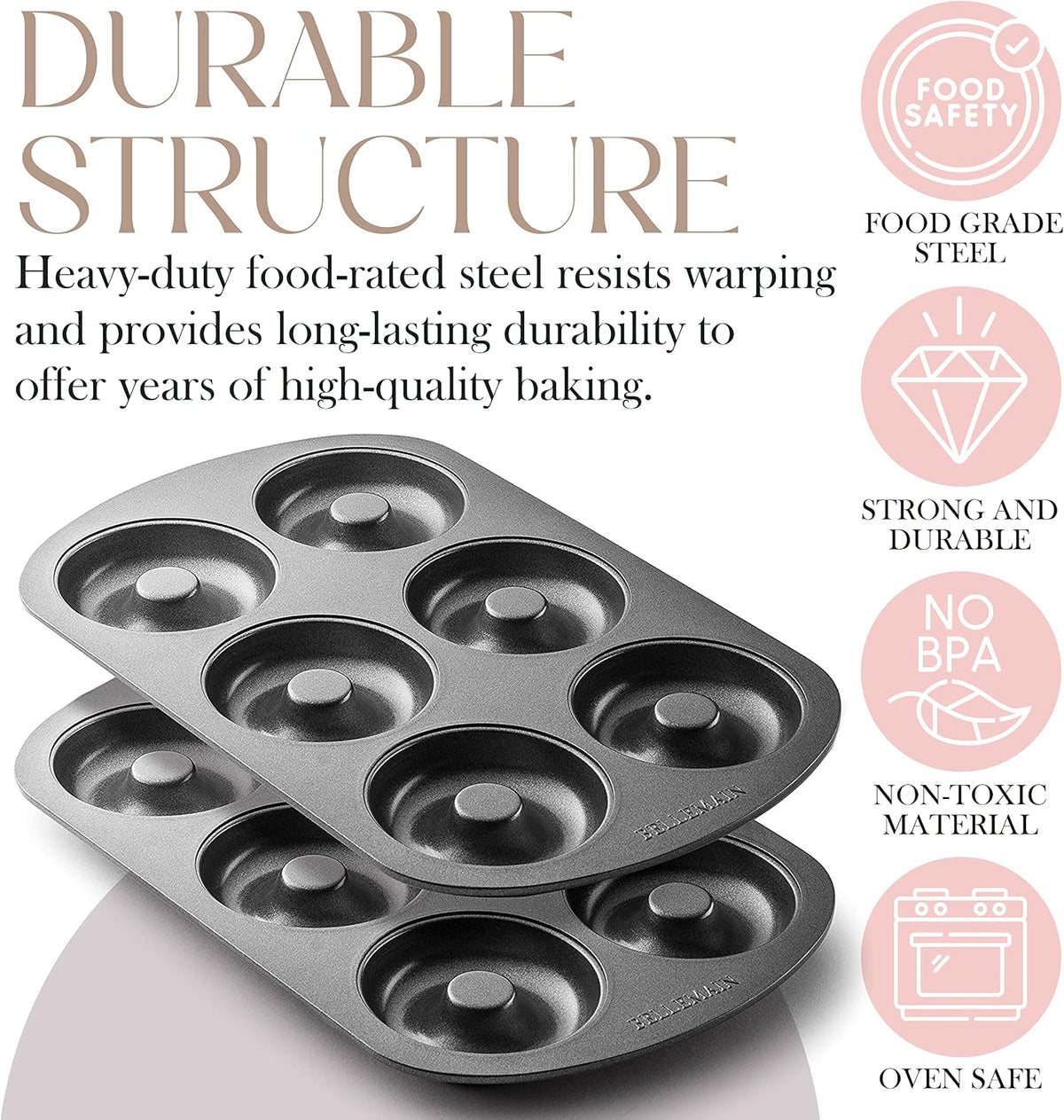 Bellemain Nonstick Donut Pan for Baking, 6-Cavity Stainless Steel - 2 pack