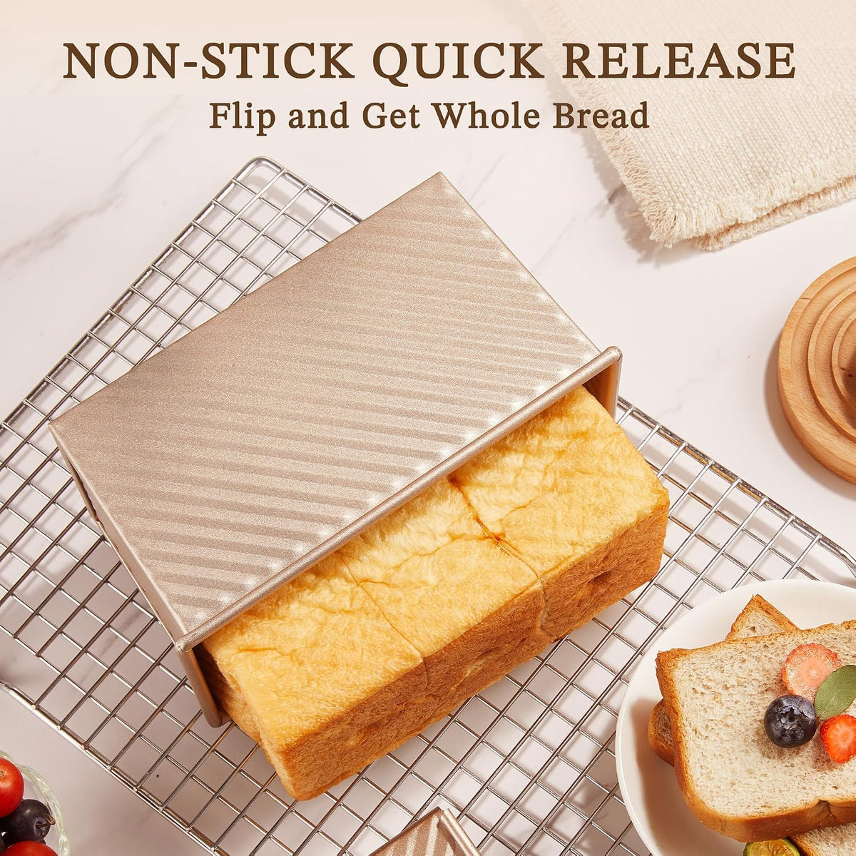 KITESSENSU Pullman Loaf Pan with Lid, 1 lb Dough Capacity Non-Stick Bakeware for Baking Bread, Carbon Steel Corrugated Bread Toast Box Mold with Cover for Baking Bread, Gold
