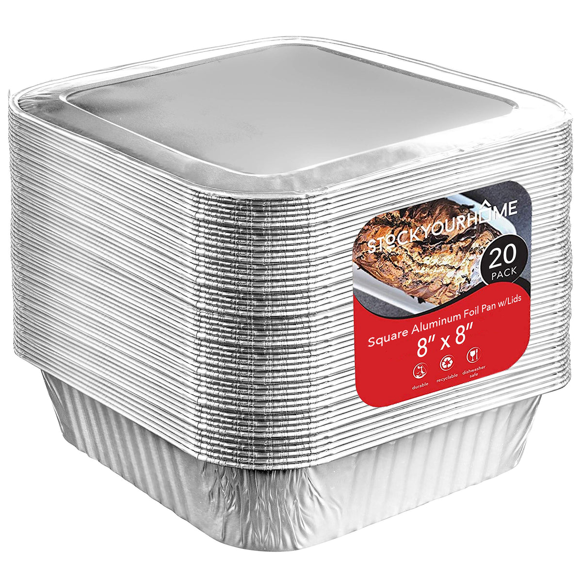 Stock Your Home 8x8 Foil Pans (20 Pack) 8 Inch Square Aluminum Pans - Foil Pans - Disposable Food Containers Great for Baking Cake, Cooking, Heating, Storing, Prepping Food