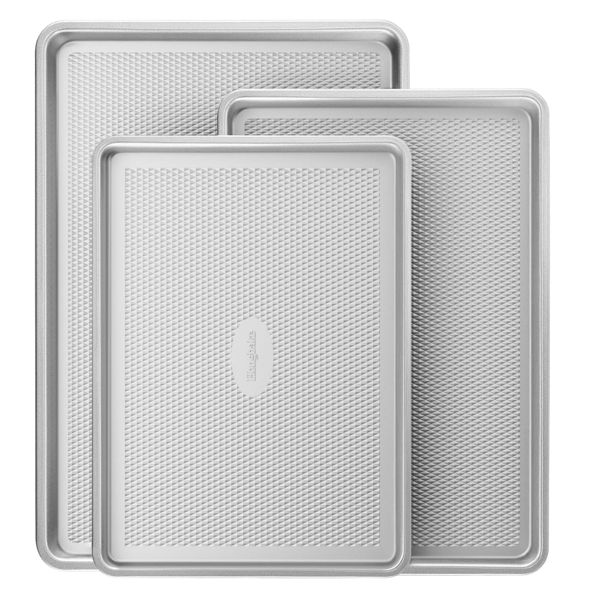HONGBAKE Baking Sheet Pan Set of 3, Cookie Sheets for Oven, Nonstick Half/Quarter/Jelly Roll Pans with Diamond Texture Pattern, 0.8mm Thick Heavy Duty Cookie Tray, Champagne Gold