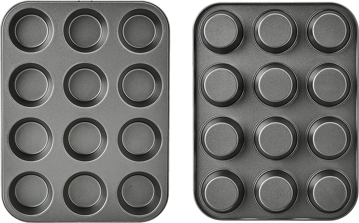 Amazon Basics Nonstick Muffin Pan, Set of 2, Sturdy, Oven Safe, Bakes Evenly, Easy to Clean, 12 Cups, Gray, 13.9x10.55x1.22"