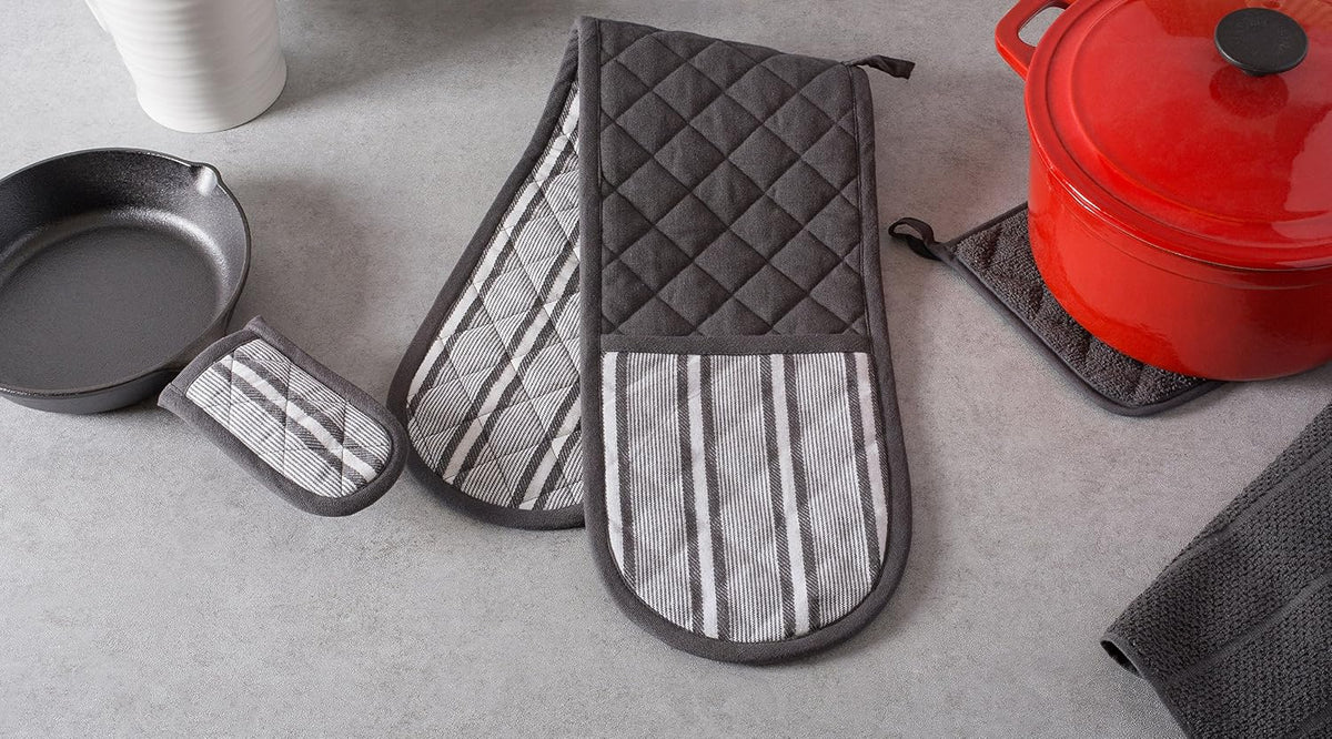 DII Double Strip Chef Kitchen Cooking & Baking Collection, Double Oven Mitt, 35x7.5, Mineral Gray