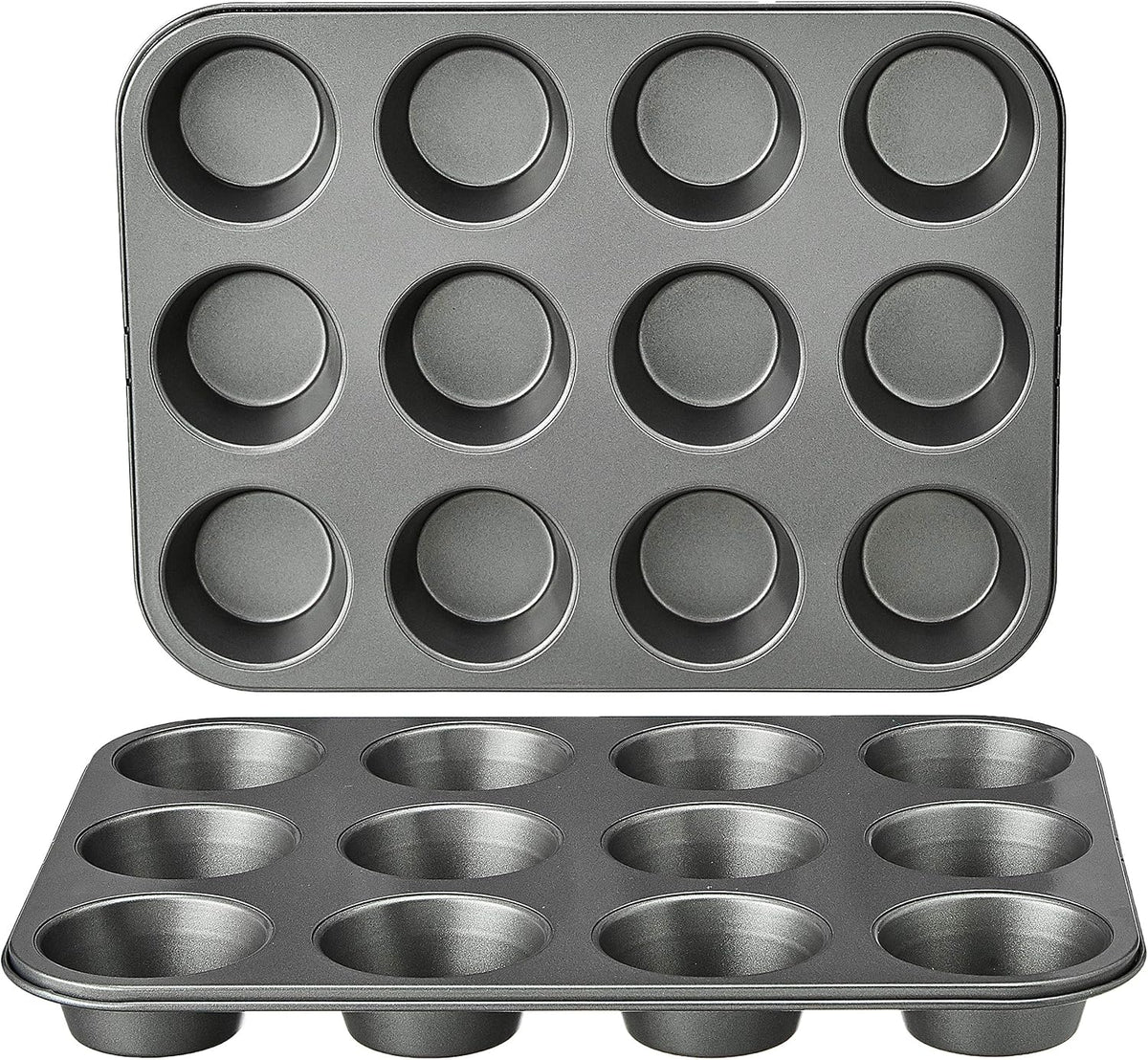 Amazon Basics Nonstick Muffin Pan, Set of 2, Sturdy, Oven Safe, Bakes Evenly, Easy to Clean, 12 Cups, Gray, 13.9x10.55x1.22"
