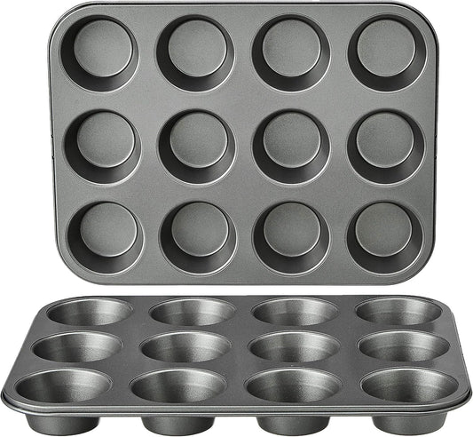 Amazon Basics Nonstick Muffin Pan, Set of 2, Sturdy, Oven Safe, Bakes Evenly, Easy to Clean, 12 Cups, Gray, 13.9x10.55x1.22"